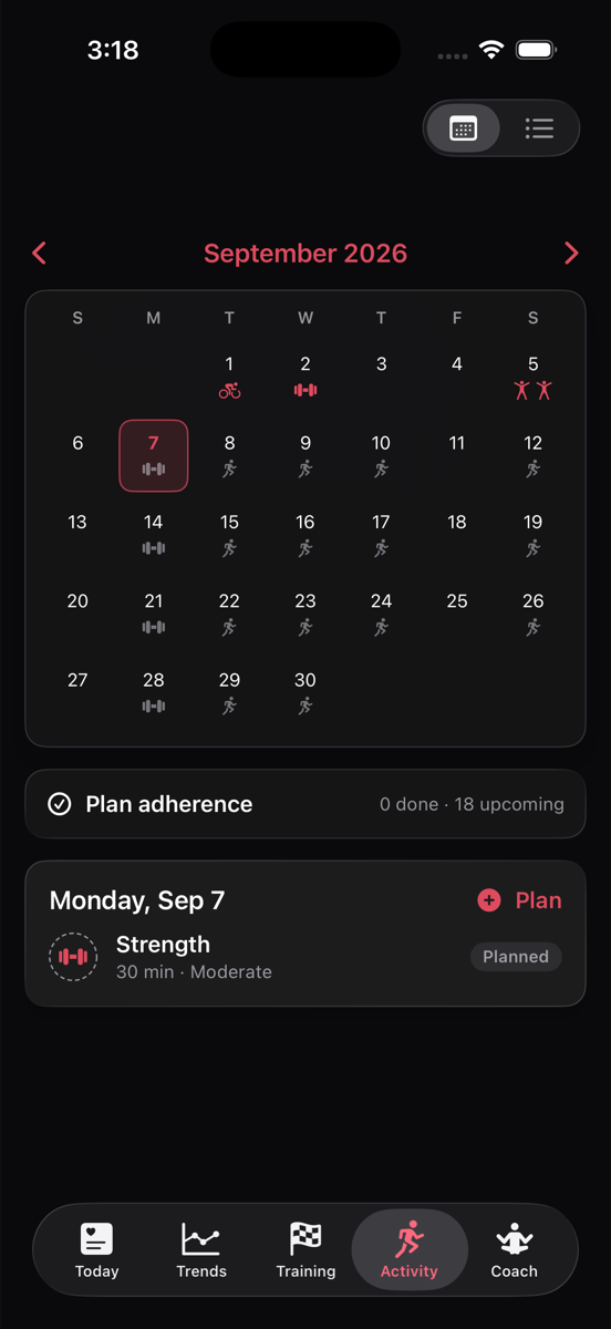 Calendar view of planned workouts with plan adherence summary