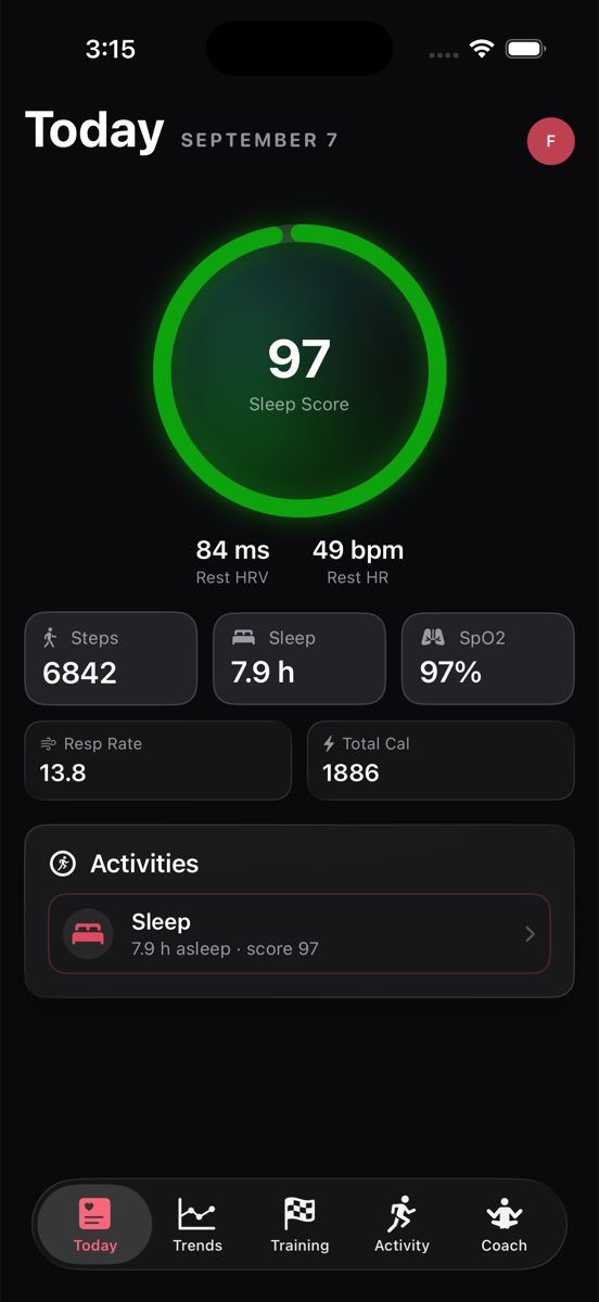 Rebuild Today screen showing a sleep score of 97 with resting HRV, resting heart rate, steps, and calorie metrics